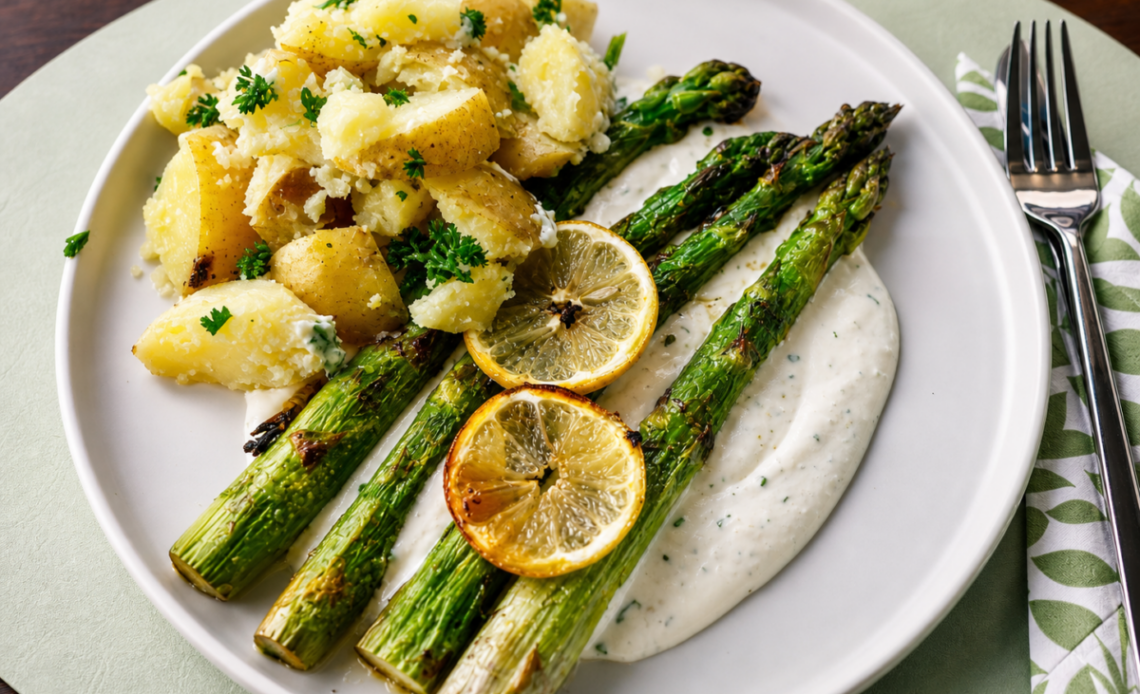 Roasted asparagus with potatoes and Parmesan cream