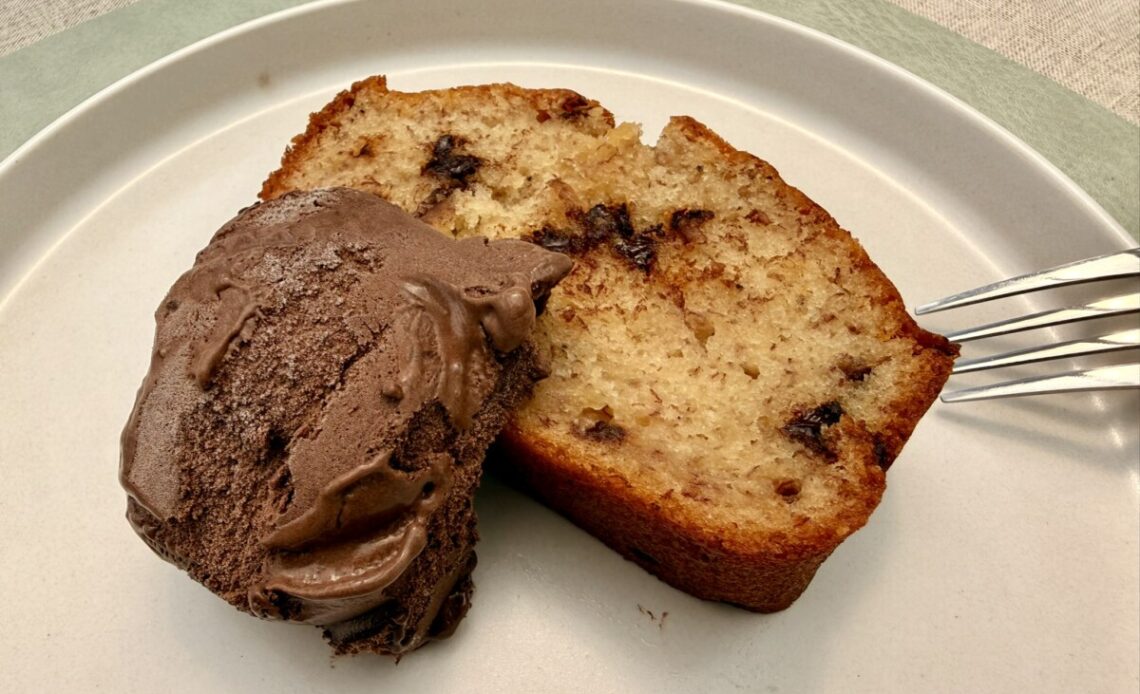 Slice of banana bread with chocolate ice cream
